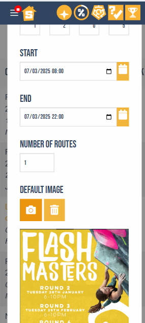 Creating a competition with dates, number of routes and competition poster.